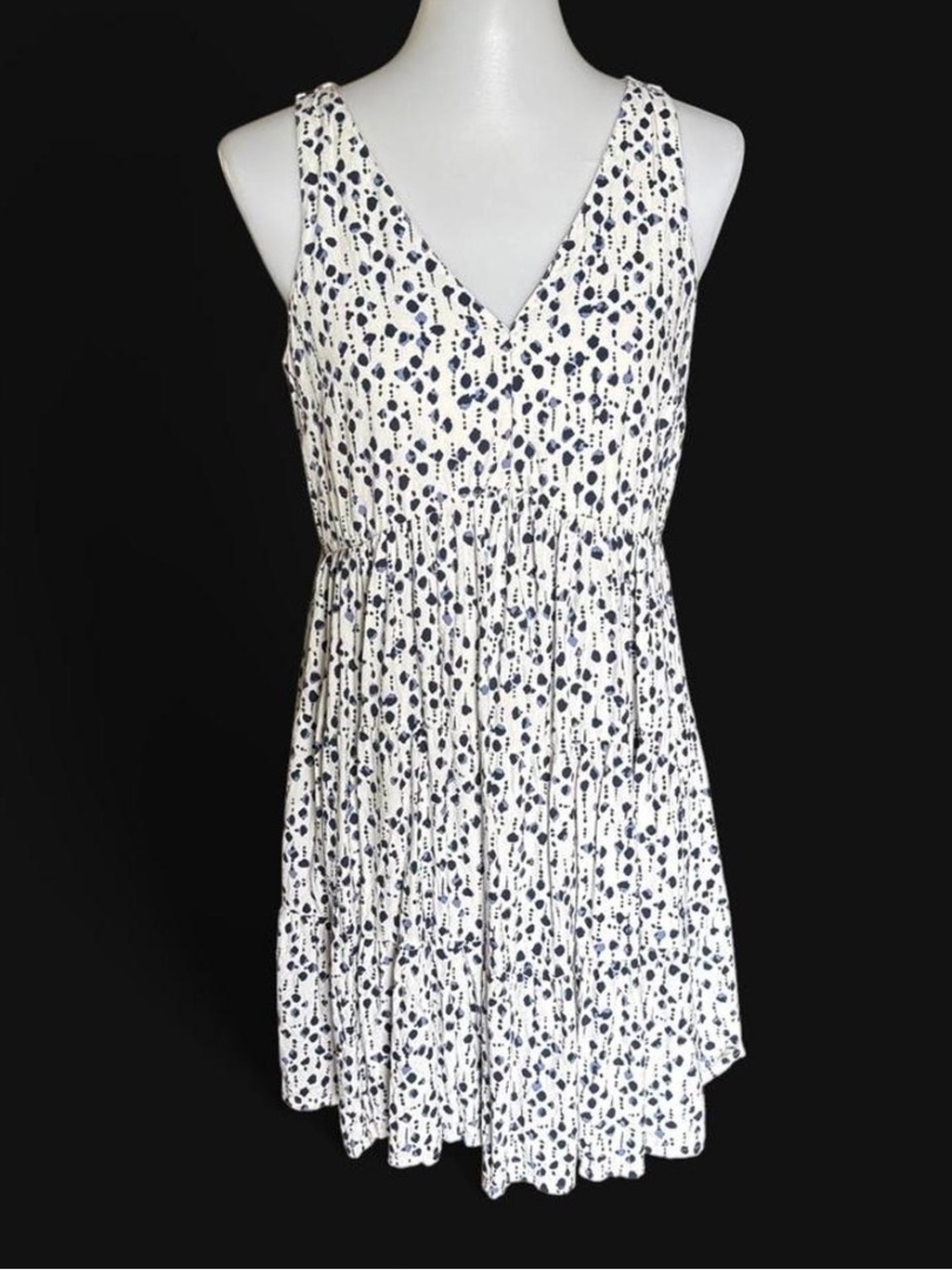 Sleeveless V-Neck White Dress with Navy Dot Print